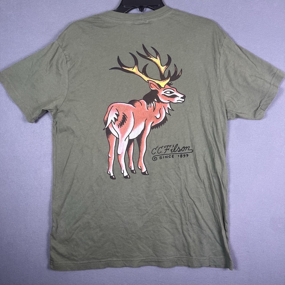 Filson Shirt Elk Graphic Print Short Sleeve Shirt Olive Green Sz M